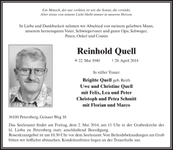 Traueranzeige von Reinhold Quell 