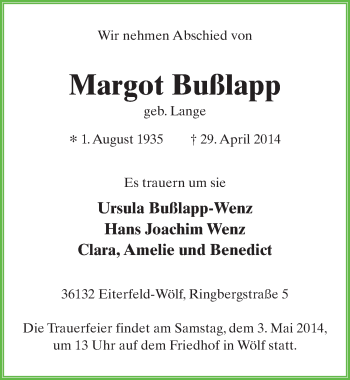 Traueranzeige von Margot Bußlapp 