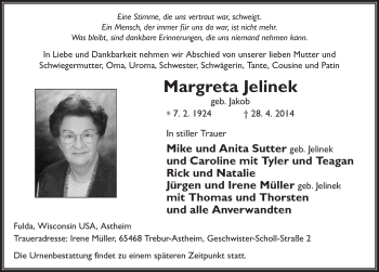 Traueranzeige von Margreta Jelinek 