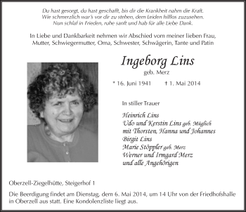 Traueranzeige von Ingeborg Lins 