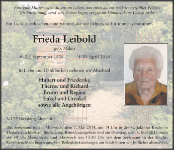 Traueranzeige von Frieda Leibold 