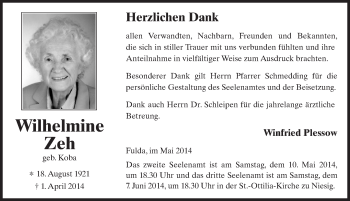 Traueranzeige von Wilhelmine Zeh 