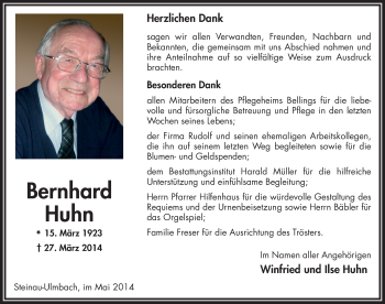 Traueranzeige von Bernhard Huhn 