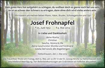 Traueranzeige von Josef Frohnapfel 