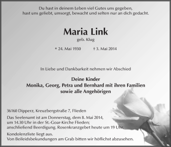 Traueranzeige von Maria Link 