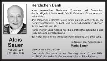 Traueranzeige von Alois Sauer 