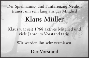 Traueranzeige von Klaus Müller 