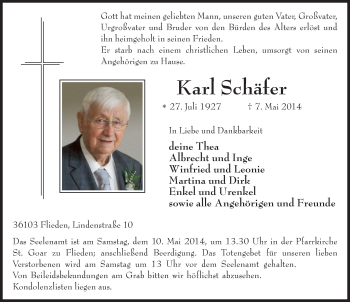 Traueranzeige von Karl Schäfer 