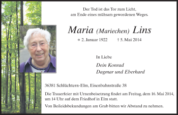 Traueranzeige von Maria Lins 