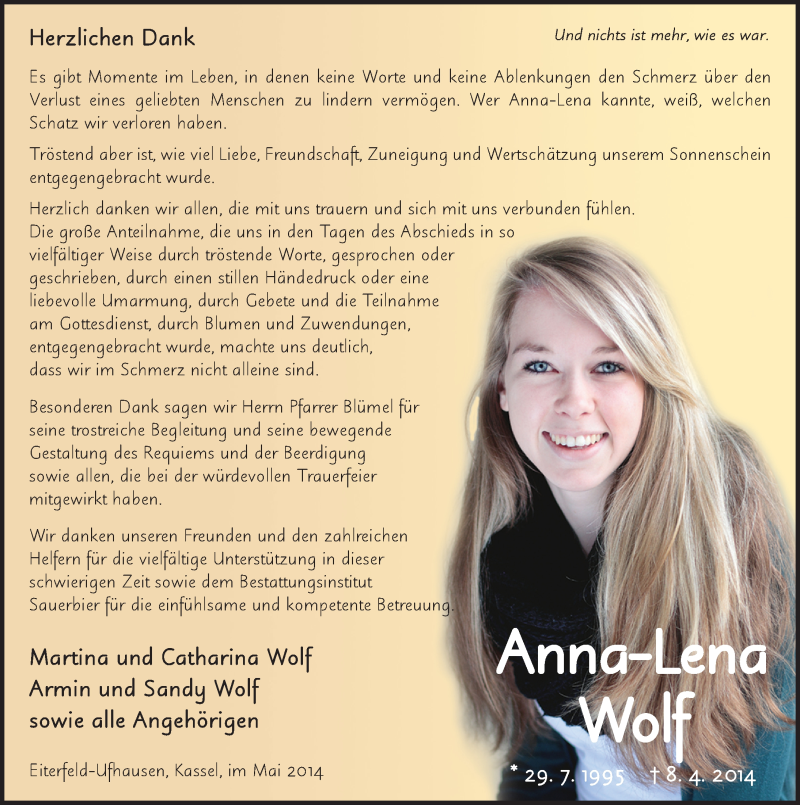  Traueranzeige für Anna-Lena Wolf vom 10.05.2014 aus 