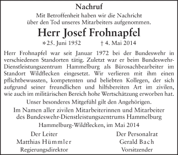Traueranzeige von Josef Frohnapfel 
