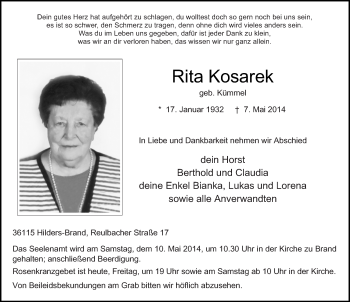 Traueranzeige von Rita Kosarek 