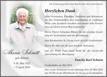 Traueranzeige von Maria Schmitt 