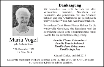 Traueranzeige von Maria Vogel 