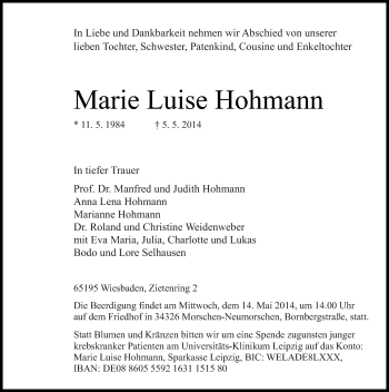 Traueranzeige von Marie Luise Hohmann 