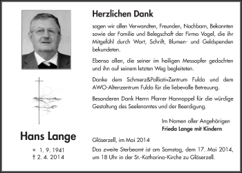 Traueranzeige von Hans Lange 