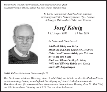 Traueranzeige von Josef König 