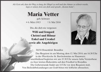 Traueranzeige von Maria Vetter 