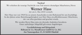 Traueranzeige von Werner Hass 