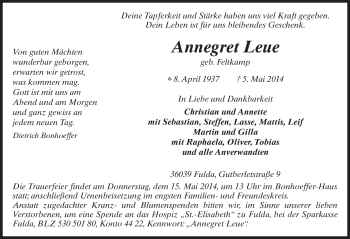 Traueranzeige von Annegret Leue 
