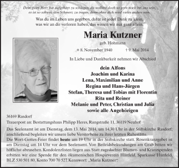 Traueranzeige von Maria Kutzner 