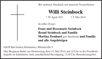 Traueranzeige von Willi Steinbock 