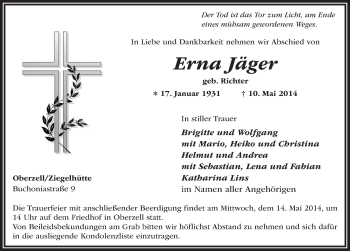 Traueranzeige von Erna Jäger 