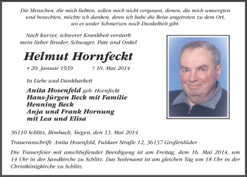 Traueranzeige von Helmut Hornfeckt 