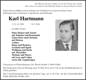 Traueranzeige von Karl Hartmann 
