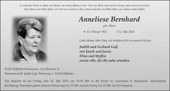 Traueranzeige von Anneliese Bernhard 