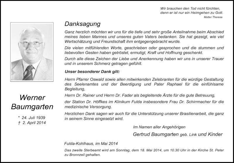  Traueranzeige für Werner Baumgarten vom 14.05.2014 aus 