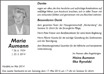 Traueranzeige von Maria Aumann 