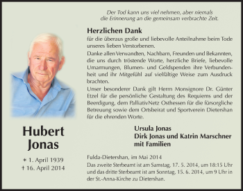 Traueranzeige von Hubert Jonas 