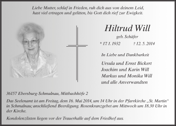 Traueranzeige von Hiltrud Will 