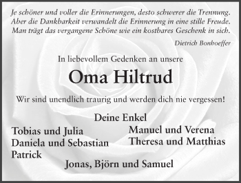 Traueranzeige von Hiltrud Will 