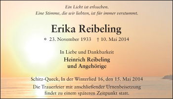 Traueranzeige von Erika Reibeling 