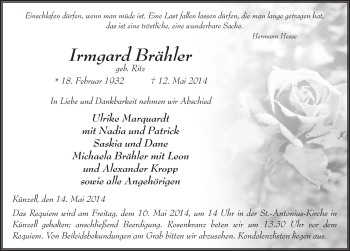 Traueranzeige von Irmgard Brähler 