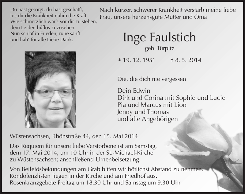  Traueranzeige für Inge Faulstich vom 15.05.2014 aus 