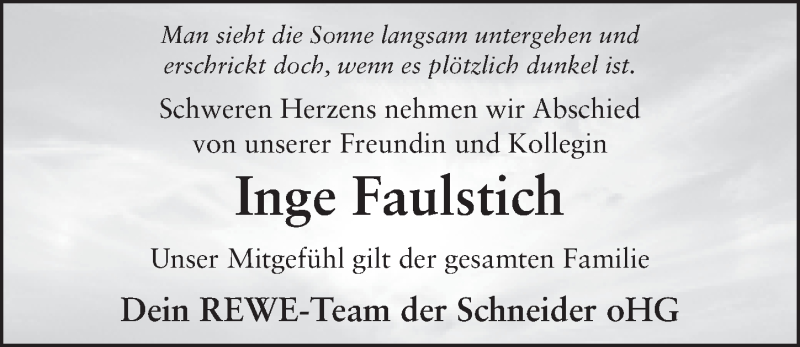  Traueranzeige für Inge Faulstich vom 15.05.2014 aus 