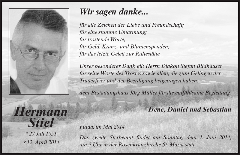  Traueranzeige für Hermann Stiel vom 17.05.2014 aus 