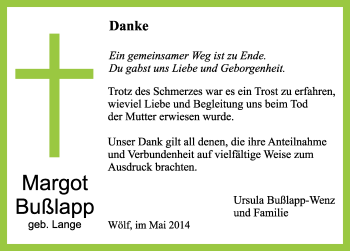 Traueranzeige von Margot Bußlapp 