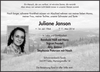 Traueranzeige von Juliane Janson 