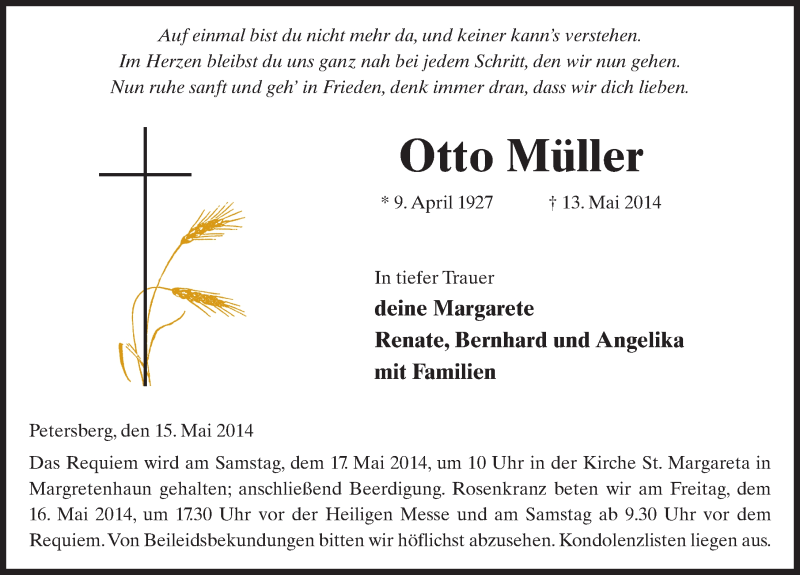  Traueranzeige für Otto Müller vom 15.05.2014 aus 