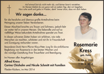 Traueranzeige von Rosemarie Kress 