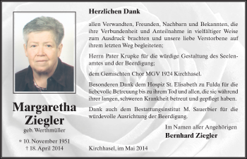 Traueranzeige von Margaretha Ziegler 