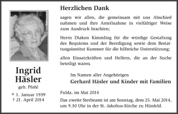 Traueranzeige von Ingrid Häsler 