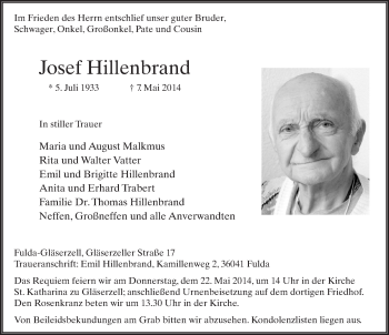 Traueranzeige von Josef Hillenbrand 