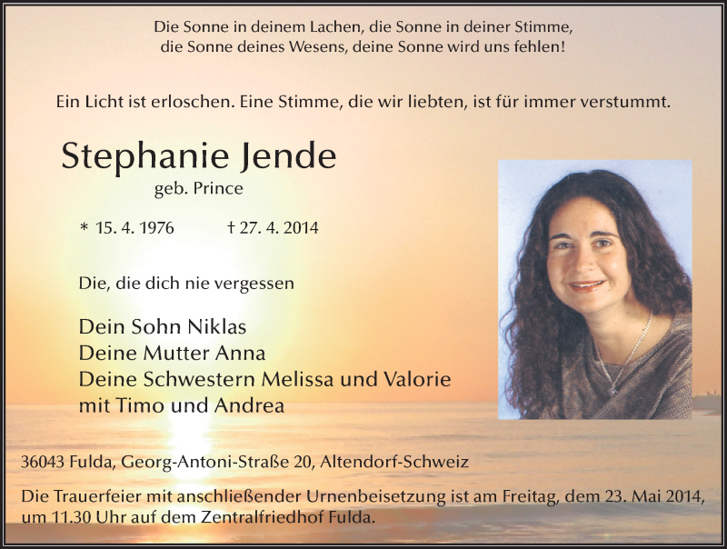  Traueranzeige für Stephanie Jende vom 17.05.2014 aus 
