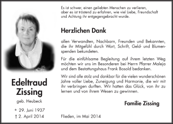 Traueranzeige von Edeltraud Zissing 