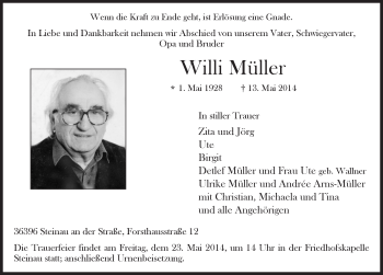Traueranzeige von Willi Müller 